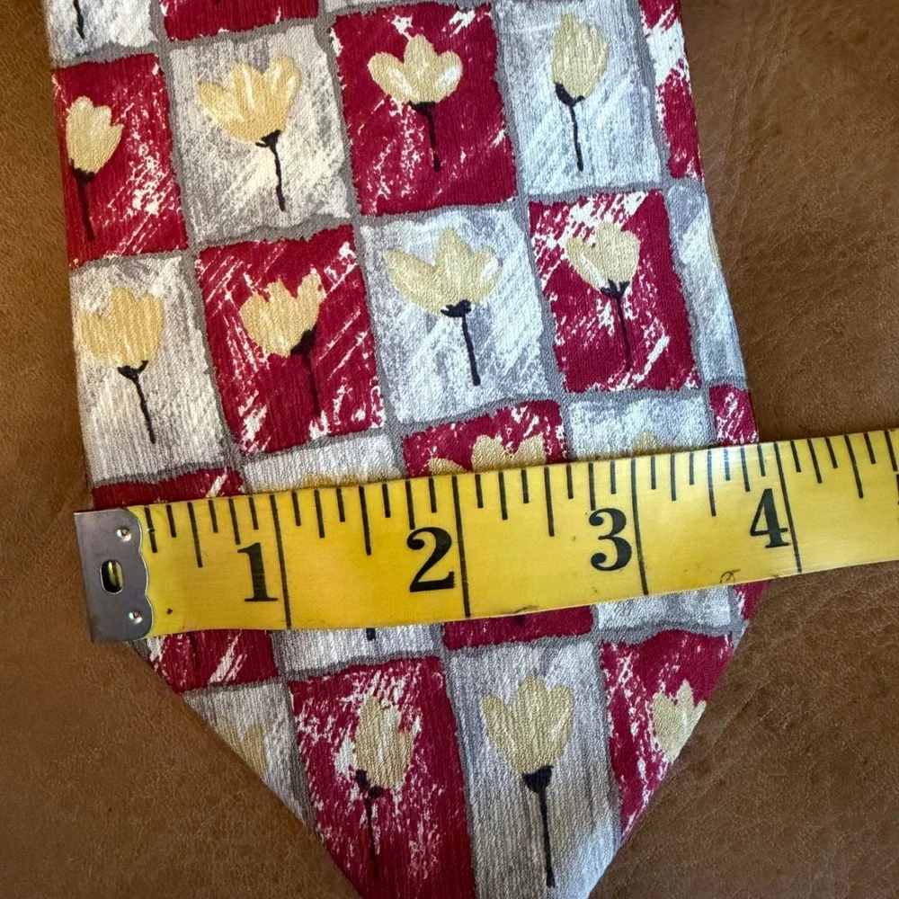 Burma Bibas Silk Necktie Men OS Red Floral Grid Pattern Artistic Professional